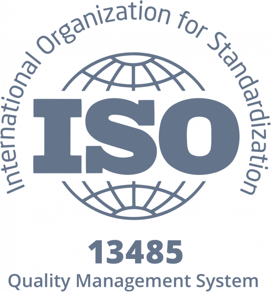The logo for ISO 13485 features a central globe icon composed of blue-gray longitude and latitude lines on a black background. Superimposed over the center of the globe is the word "ISO" in a heavy, bold, blue-gray sans-serif font. Arching around the top of the globe is the full name, "International Organization for Standardization." Below the globe, the specific standard number "13485" is displayed in bold, followed by the descriptive text "Quality Management System" in a cleaner, lighter typeface. All elements are rendered in a consistent muted blue-gray color.