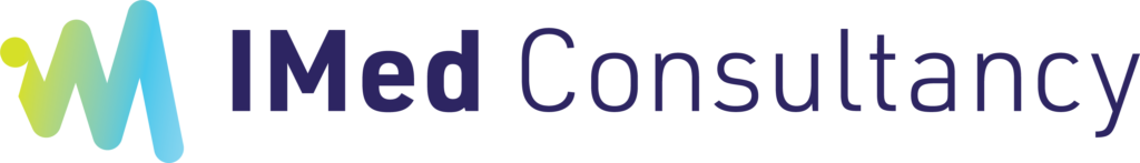 The full-color logo for IMed Consultancy consists of a vibrant icon paired with the company name in a dark navy blue. The icon to the left is a thick, continuous line forming a stylized "M" with rounded peaks, featuring a smooth color gradient that transitions from lime-yellow on the left to sky blue on the right. The line begins with a small circular node, resembling a data point or a pulse wave. To the right of the icon, the word "IMed" is rendered in a bold, heavy sans-serif typeface, while "Consultancy" follows in a significantly lighter, thinner weight of the same modern font, creating a clean and balanced professional aesthetic.