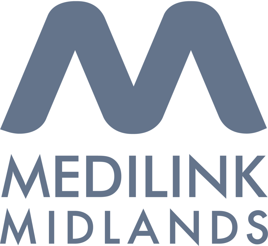 The logo for Medilink Midlands features a large, stylized "M" icon rendered in a slate-blue color. The icon has a smooth, fluid shape with rounded peaks and a soft wave at the bottom, giving it a modern and professional feel. Below the icon, the company name is stacked in two lines of all-caps, sans-serif text in the same slate-blue. "MEDILINK" appears on the top line, with "MIDLANDS" centered directly beneath it, utilizing a clean and balanced typeface.