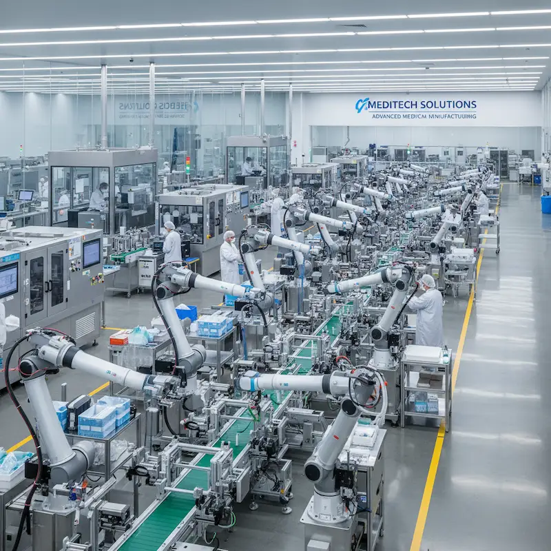 A high-tech, automated production floor at MEDITECH SOLUTIONS features long rows of synchronized robotic arms working along green conveyor belts. Several technicians in white lab coats and hairnets are stationed throughout the facility to monitor the complex machinery. The expansive room is brightly lit with clean, white surfaces, emphasizing a sterile and advanced environment for medical manufacturing.