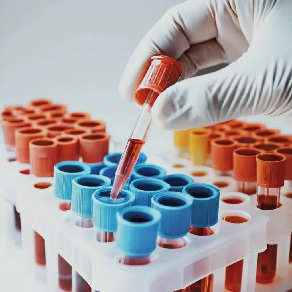 A gloved hand uses a dropper to carefully transfer a red liquid into one of many blood collection tubes organized in a white laboratory rack. The rack is filled with tubes capped in vibrant blue and orange, each containing a red fluid, set against a clean, neutral background.