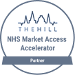 A circular badge for "The Hill NHS Market Access Accelerator" featuring a stylized skyline and heartbeat line graphic, with a "Partner" banner at the bottom.