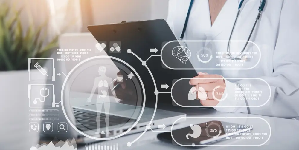 A medical professional holding a clipboard at a desk, with a complex digital overlay showing a human body silhouette and specific anatomical icons for the brain, lungs, and stomach with corresponding data percentages.